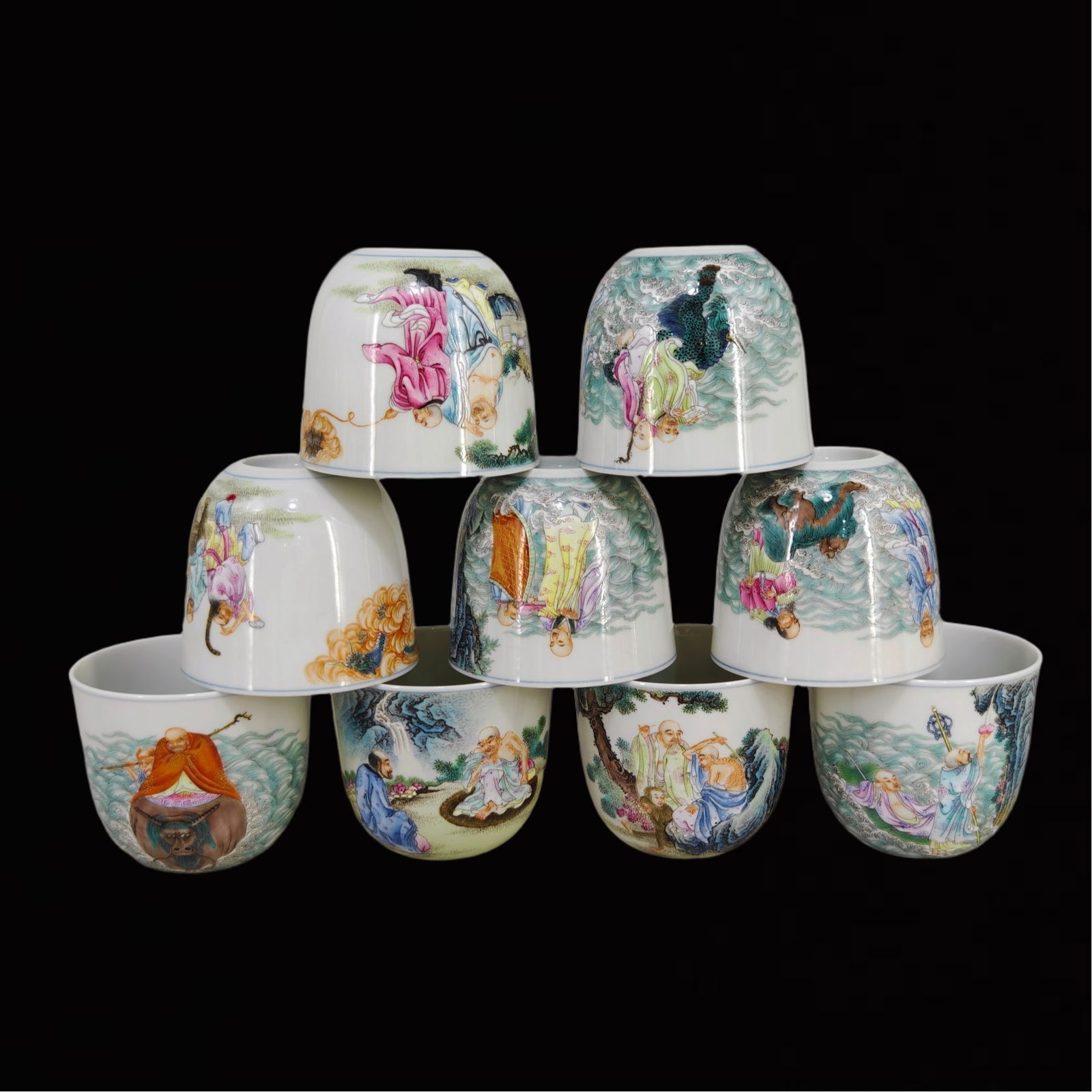 A Set of Fine Famille-Rose Character and Story Pattern Cups,with poem: A Set of Fine Famille-Rose Character and Story Pattern Cups,with poem,Qing Dynasty,China,Qianlong Six-character Mark,Size:2.8inx3.2in 