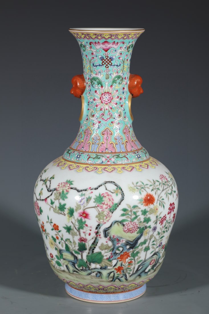An Exquisite Turquoise Glazed Famille-Rose Flower Pattern Beast-Ears Vase: An Exquisite Turquoise Glazed Famille-Rose Flower Pattern Beast-Ears Vase,Qing Dynasty,China,Qianlong Six-character Mark,Size:13.4inx7.5in 