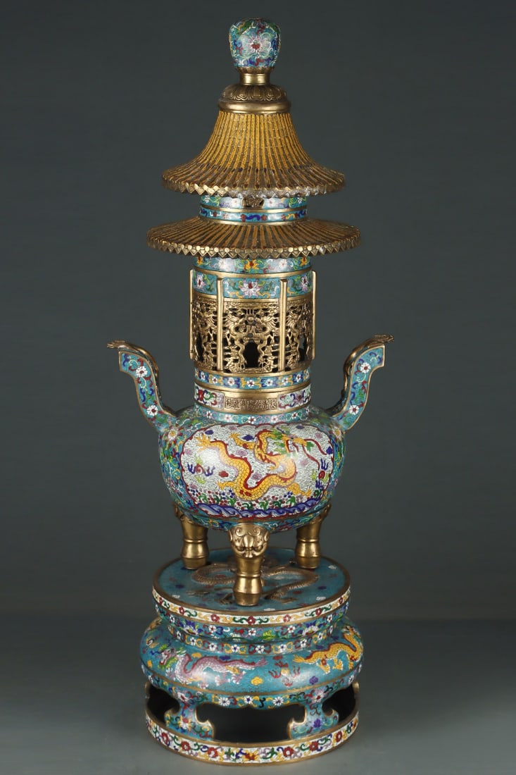 An Exquisite Cloisonne Auspicious Cloud and Dragon Pattern Double-Ears and Tripod Censer,with Base: An Exquisite Cloisonne Auspicious Cloud and Dragon Pattern Double-Ears and Tripod Censer,with Base,Qing Dynasty,China,Qianlong Mark,Size:38.6inx15.4in 景泰蓝祥云龙&