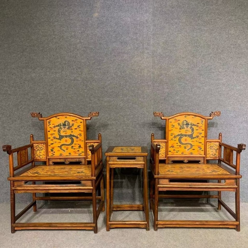 A Set of Huge Huanghuali wood Auspicious Cloud and Dragon Pattern Furniture,With Poem: A Set of Huge Huanghuali wood Auspicious Cloud and Dragon Pattern Furniture,With Poem,Qing Dynasty, China,Qianlong Six-character Mark,,Size：(Chair)29.9inx22inx40.9in,(Coffee table)18.1inx15inx2