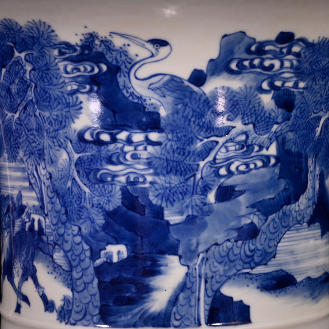 An Exquisite Blue and White Pine and Crane Pattern Pattern Brush Pot - 6