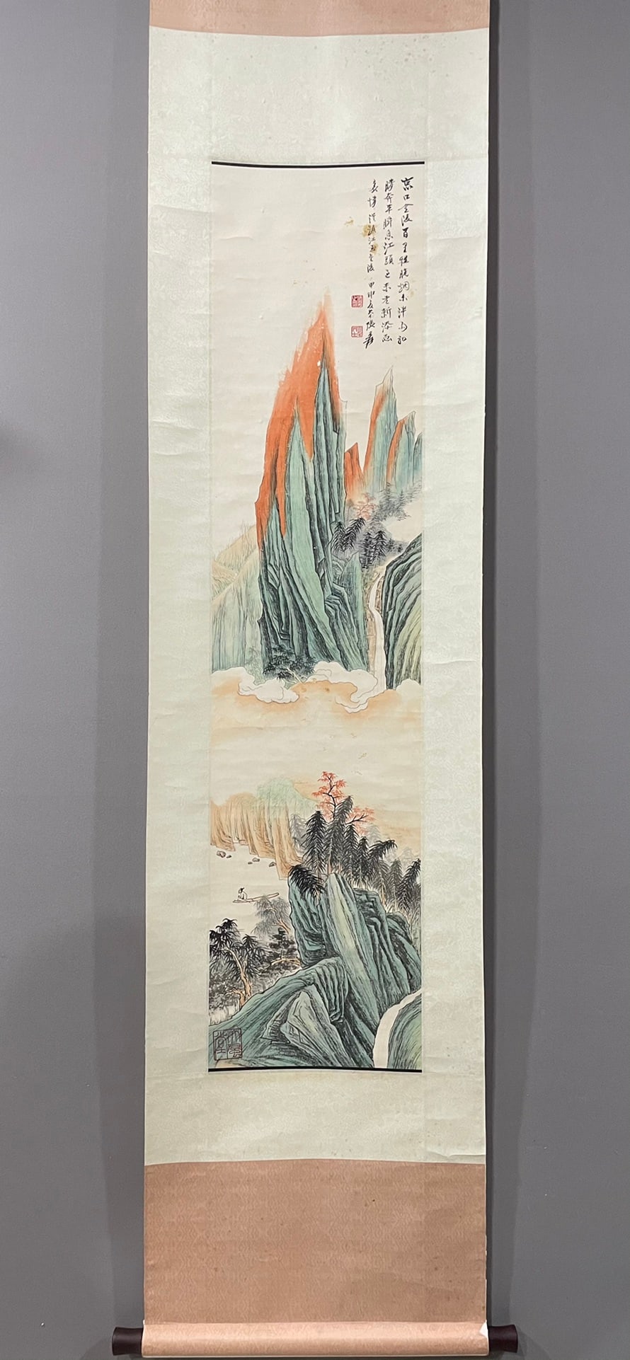 A Chinese Vertical Scroll Ink Painting of Landscape on Paper: A Chinese Vertical Scroll Ink Painting of Landscape on Paper,Zhang Daqian,Size:52inx12.6in 一幅中国水墨山水画立轴,张大