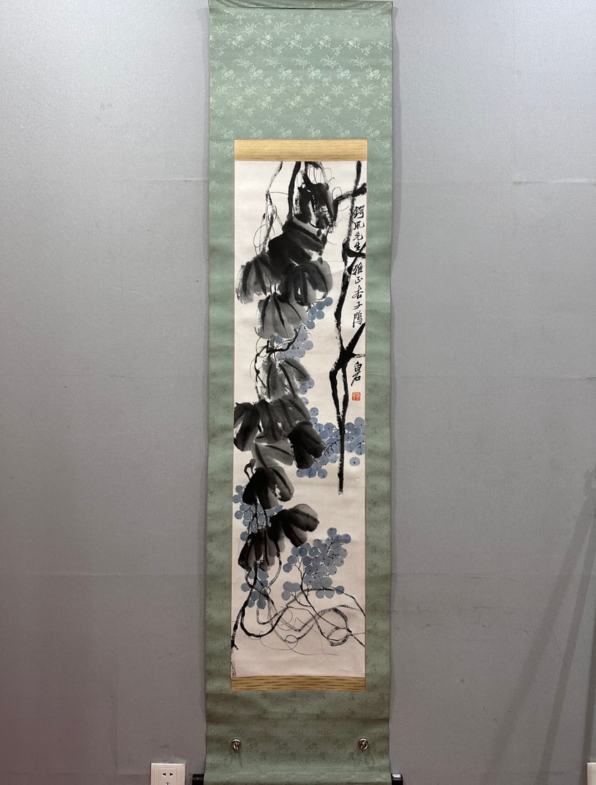 A Chinese Vertical Scroll Ink Painting of Grapes on Paper: A Chinese Vertical Scroll Ink Painting of Grapes on Paper,Qi Baishi,Size:13.4inx51.2in 一幅中国水墨葡萄画立轴,齐白石
