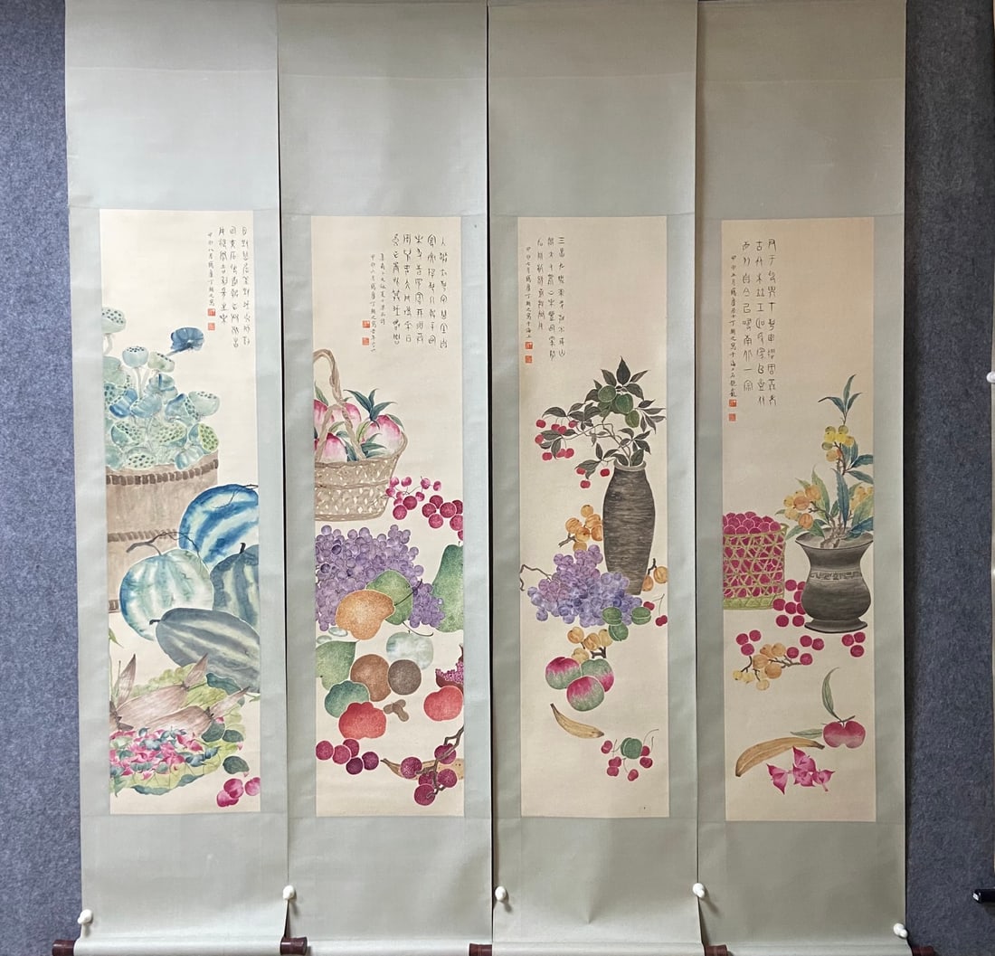 A Set of Chinese Vertical Scroll Ink Painting of Melon and Fruit on Paper: A Set of Chinese Vertical Scroll Ink Painting of Melon and Fruit on Paper,Ding Fuzhi,Size:51.2inx12.6incm*4 一套中国水墨瓜果画立轴,