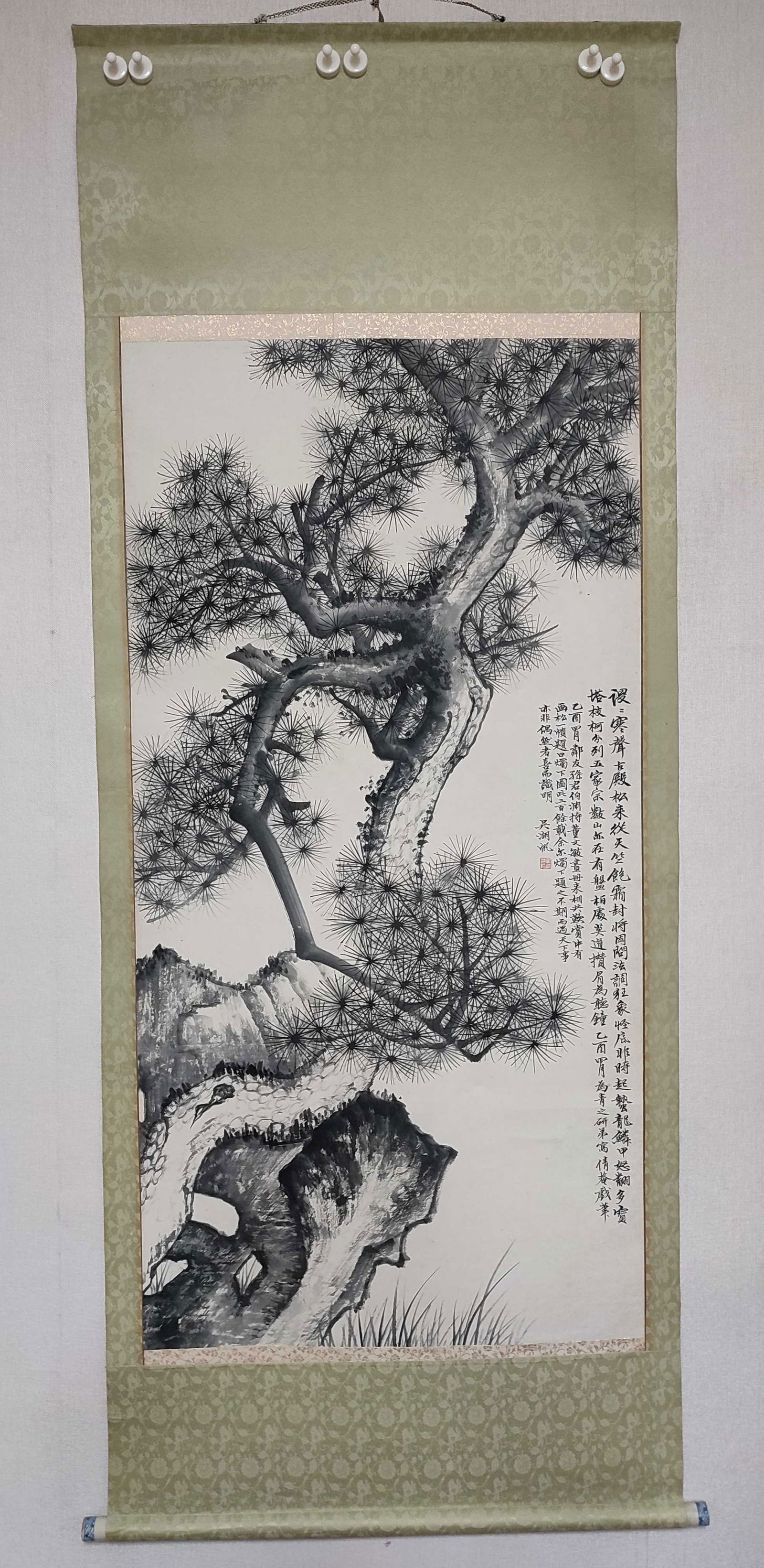 A Chinese Vertical Scroll Ink Painting of Pine on Paper (1 of 4)
