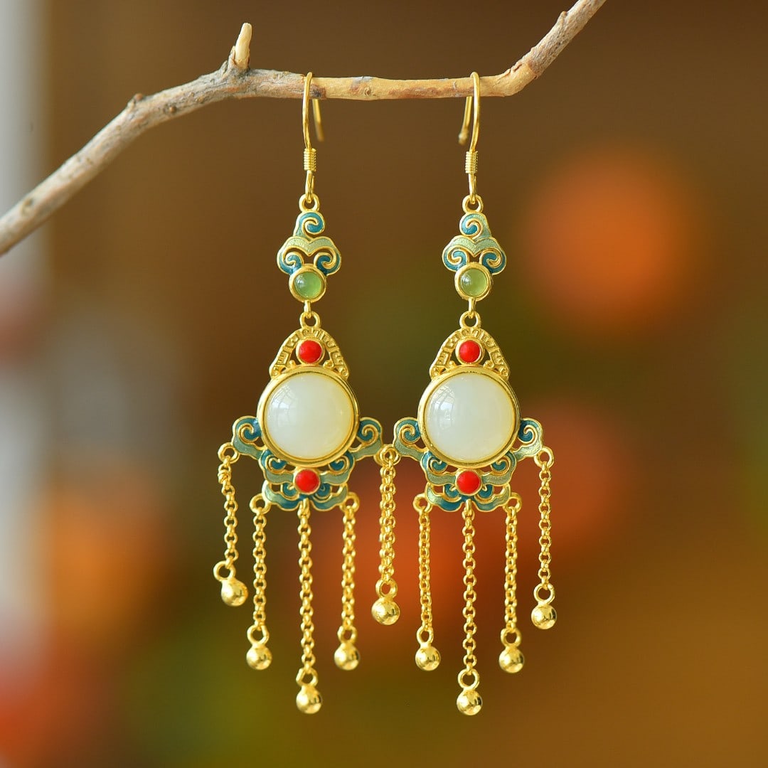 A Pair of Exquisite Sterling Silver-Gold Plated Inlaid White Jade Enamel Earrings: A Pair of Exquisite Sterling Silver-Gold Plated Inlaid White Jade Enamel Earrings 一对纯银镀金镶白玉珐琅耳环