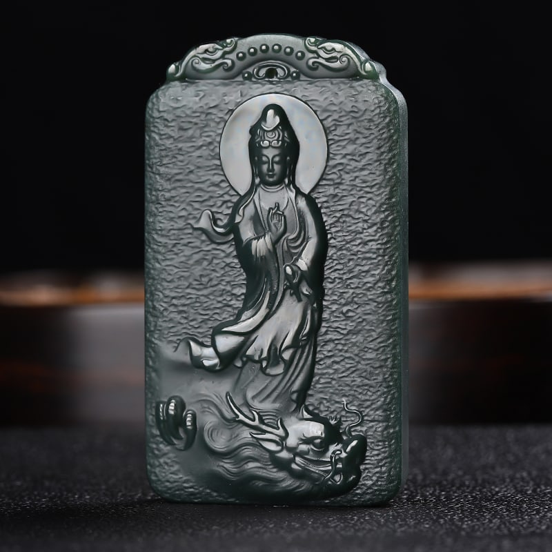 An Exquisite Cyan jade Statue of Avalokitesvara Pendant: An Exquisite Cyan jade Statue of Avalokitesvara Pendant,Size:2.7inx1.5inx0.3in 青玉观音像挂件