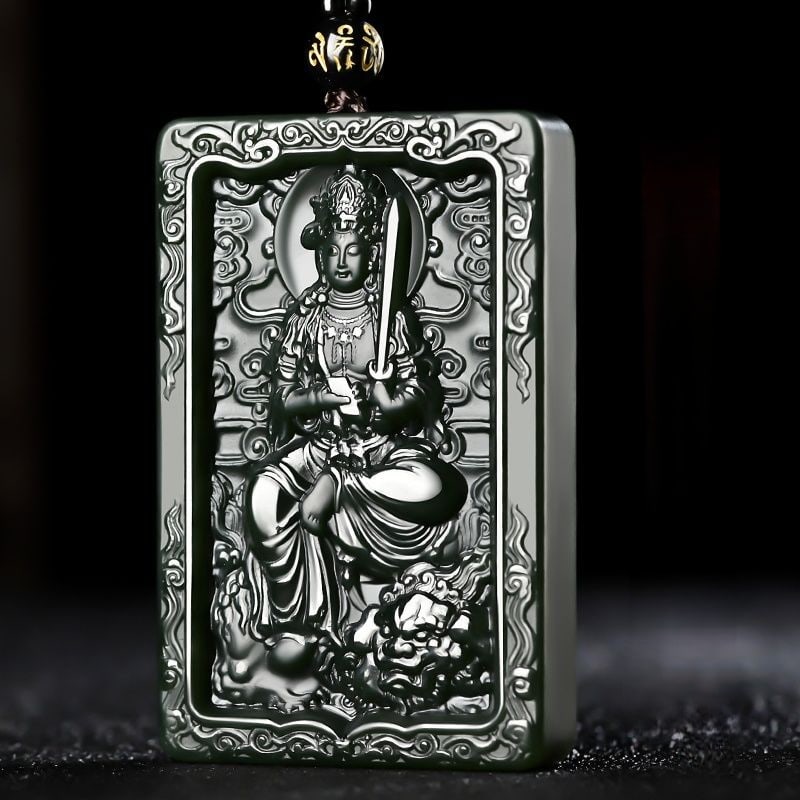 An Exquisite Cyan jade Statue of Manjusri Pendant: An Exquisite Cyan jade Statue of Manjusri Pendant,Size:2.4inx1.6inx0.4in 青玉文殊菩萨像挂件