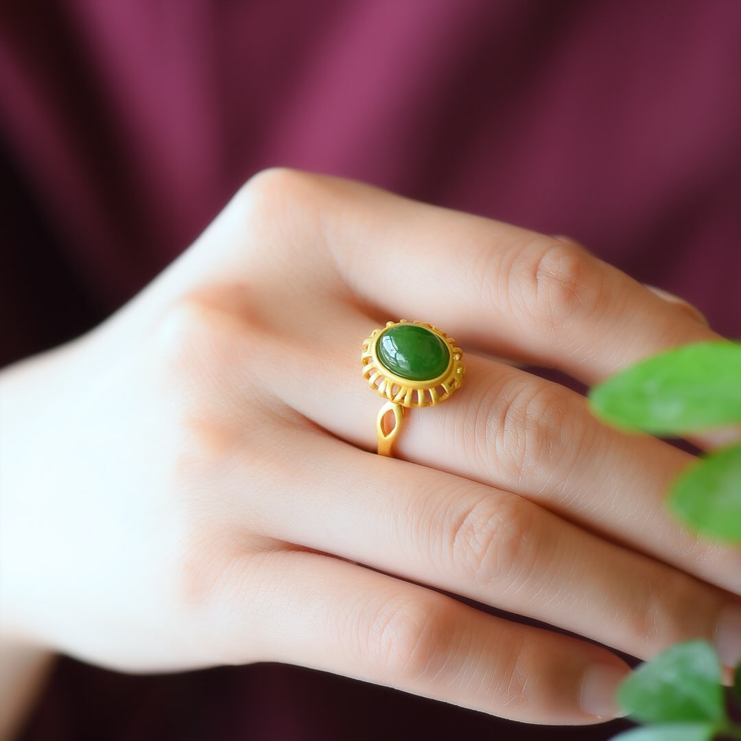 An Exquisite Sterling Silver-Gold Plated Inlaid Jasper Ring: An Exquisite Sterling Silver-Gold Plated Inlaid Jasper Ring,Size:0.3inx0.4in 纯银镀金镶碧玉戒指