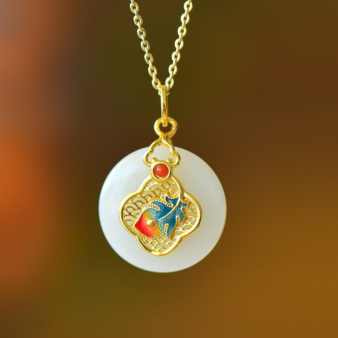 An Exquisite Sterling Silver-Gold Plated Inlaid White Jade Enamel Pendant: An Exquisite Sterling Silver-Gold Plated Inlaid White Jade Enamel Pendant 纯银镀金镶白玉珐琅吊坠