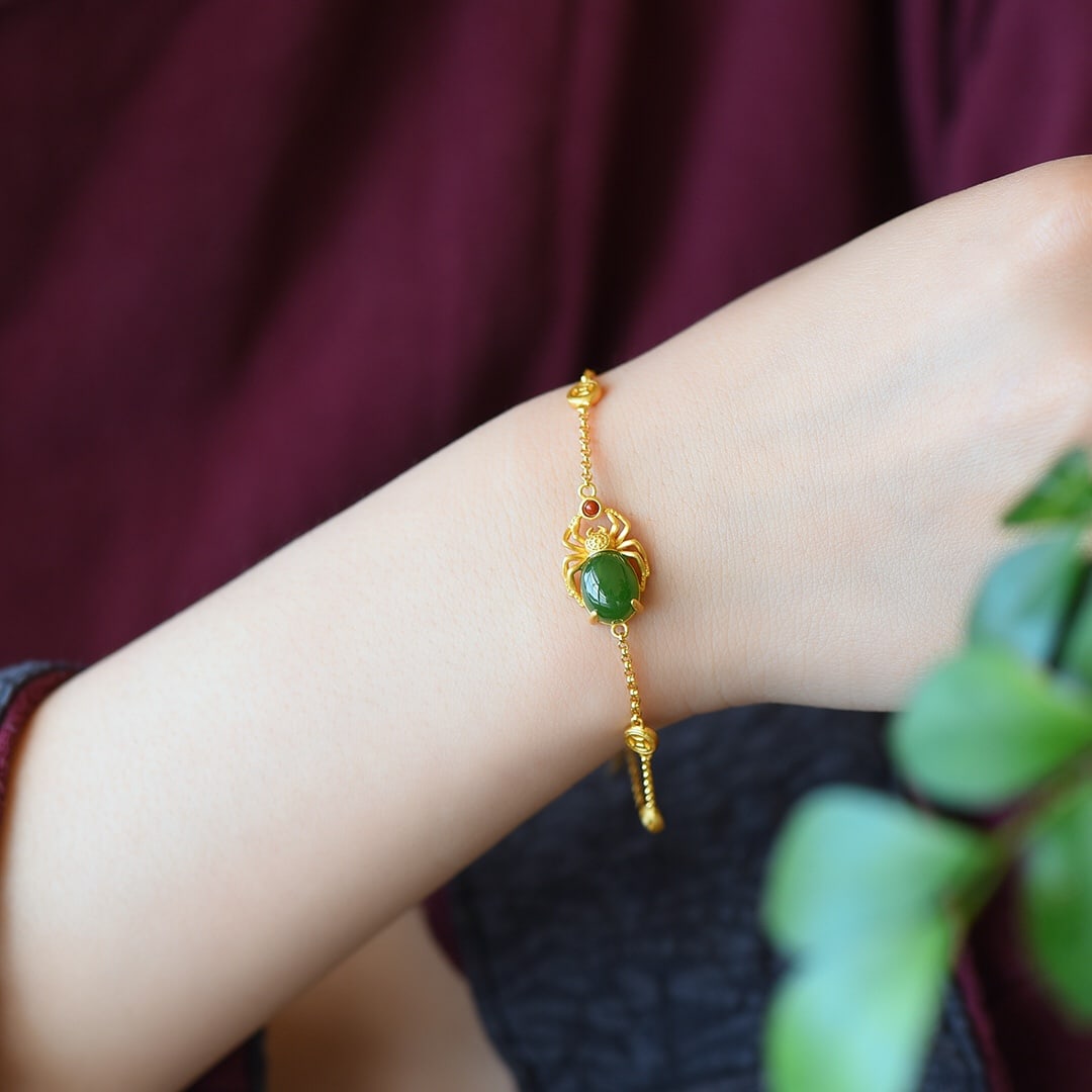 An Exquisite Sterling Silver-Gold Plated Inlaid Jasper Bracelet: An Exquisite Sterling Silver-Gold Plated Inlaid Jasper Bracelet,Size:0.3inx0.4in 纯银镀金镶碧玉手链