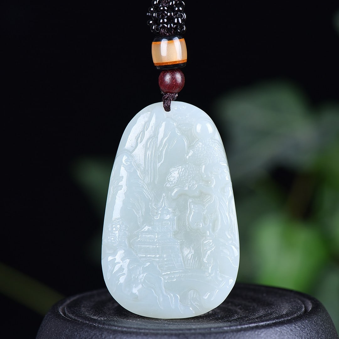 An Exquisite White Jade Landscape Pattern Pendant: An Exquisite White Jade Landscape Pattern Pendant,Size:1.2inx1.9in 白玉山水纹挂件