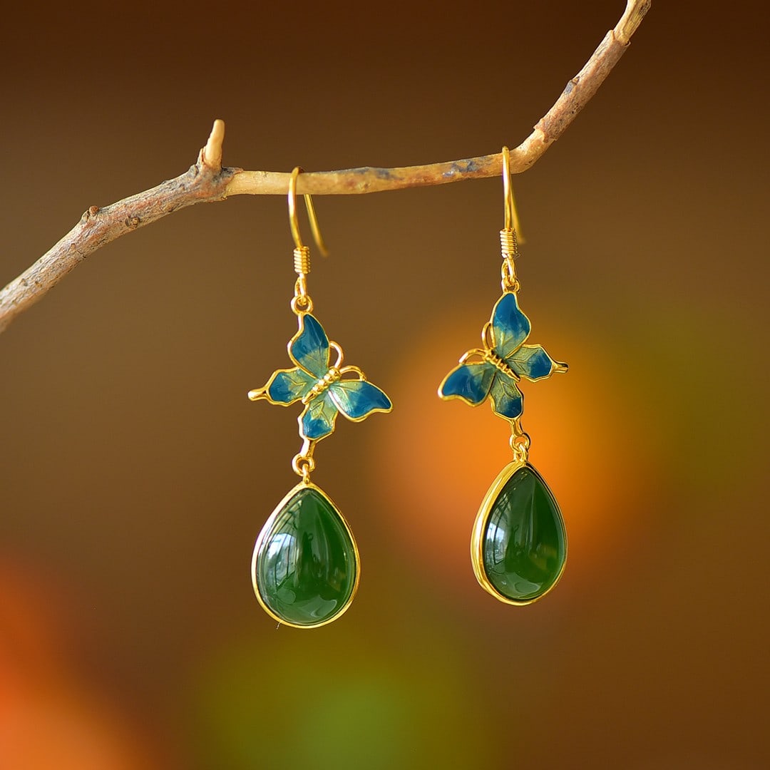 A Pair of Exquisite Sterling Silver-Gold Plated Inlaid Jasper Enamel Earrings: A Pair of Exquisite Sterling Silver-Gold Plated Inlaid Jasper Enamel Earrings,Size:0.4inx0.6in 