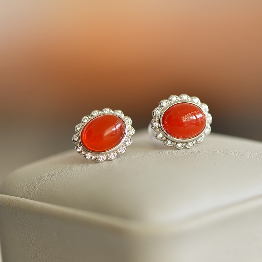 A Pair of Exquisite Sterling Silver Inlaid Agate Earrings,Inlaid Diamond (1 of 6)