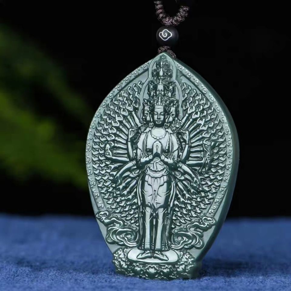 An Exquisite Cyan jade Statue of Thousand-Hand Avalokitesvara Pendant: An Exquisite Cyan jade Statue of Thousand-Hand Avalokitesvara Pendant 青玉千手观音像挂件