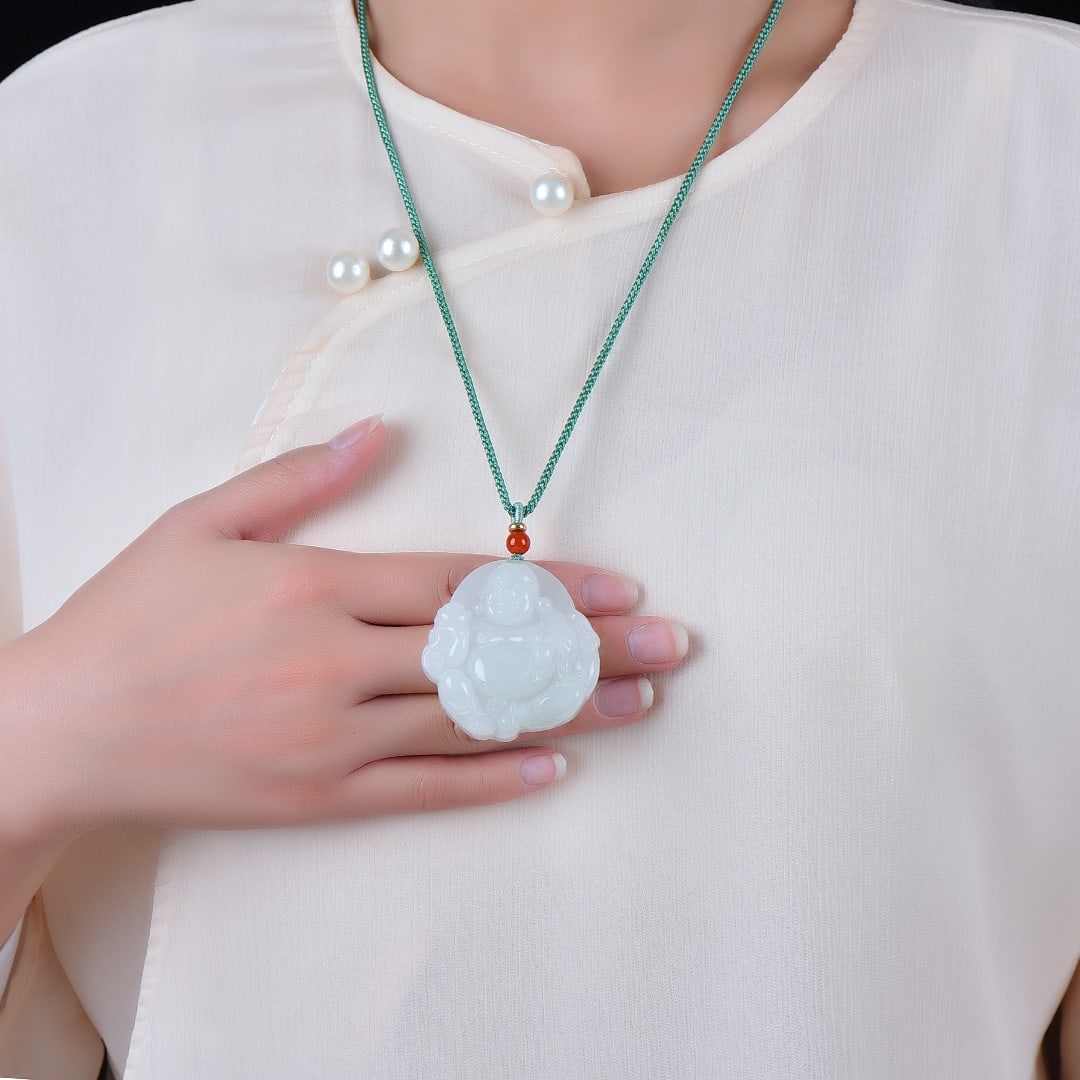 An Exquisite Jadeite Statue of Maitreya Buddha Pendant: An Exquisite Jadeite Statue of Maitreya Buddha Pendant,Size:1.8inx1.9in 翡翠弥勒佛挂件