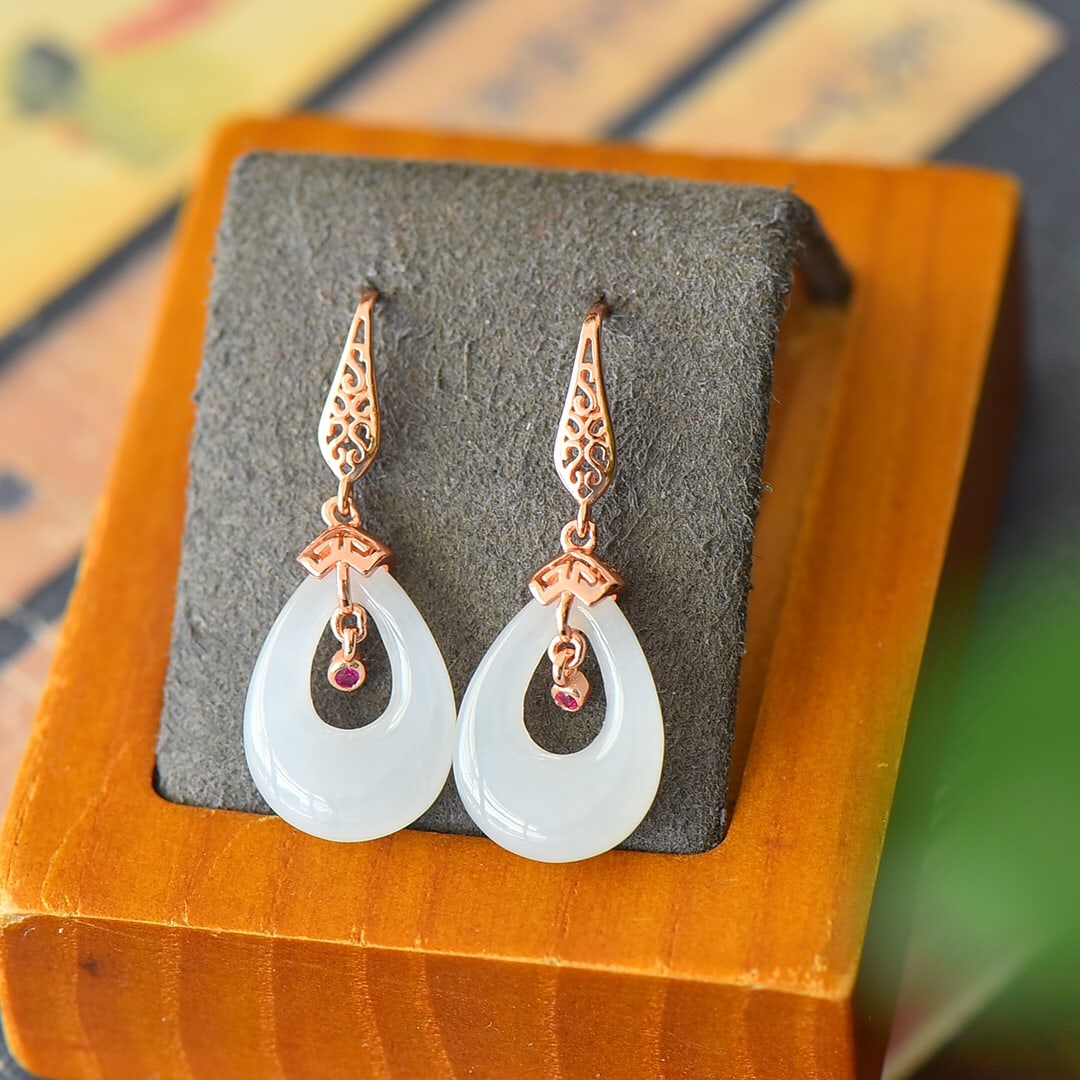 A Pair of Exquisite Sterling Silver-Gold Plated Inlaid White Jade Earrings: A Pair of Exquisite Sterling Silver-Gold Plated Inlaid White Jade Earrings,Size:0.5inx1.4in 一对纯银镀金镶白玉耳环