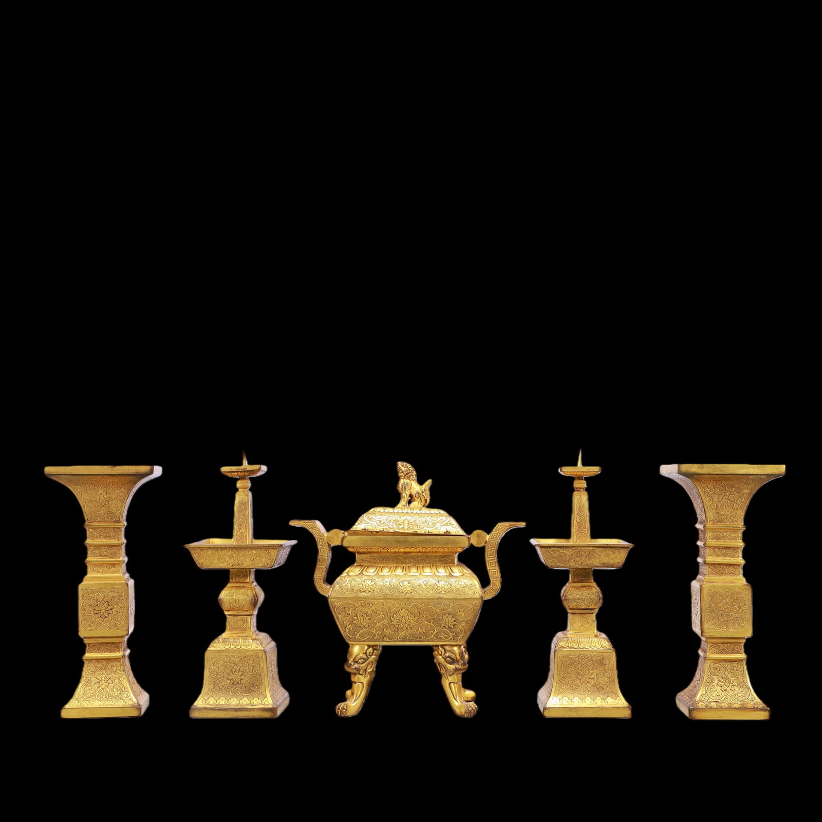 A Exquisite A Set of Gilt Bronze Lotus Pattern Double-Ears Censer: A Exquisite A Set of Gilt Bronze Lotus Pattern Double-Ears Censer Qing Dynasty, China Qianlong Four-character Mark Size:7.5inx3.9inx7.7in