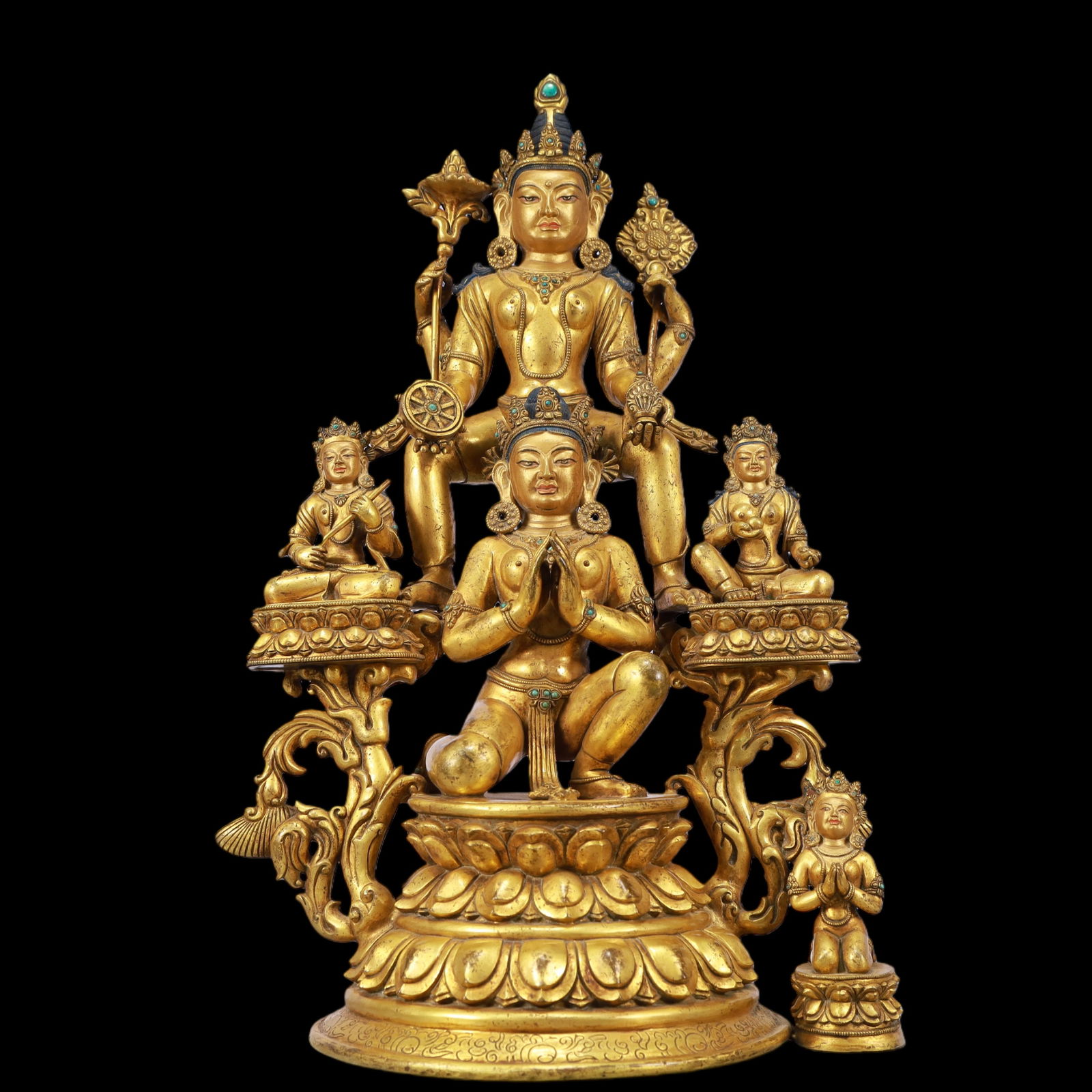 A Exquisite Gilt Bronze Inlaid Gems Buddha statue: A Exquisite Gilt Bronze Inlaid Gems Buddha statue Ming Dynasty, China Size:10.2inx7.9inx17.3in Weight:8850g铜鎏金嵌百宝长寿佛佛像