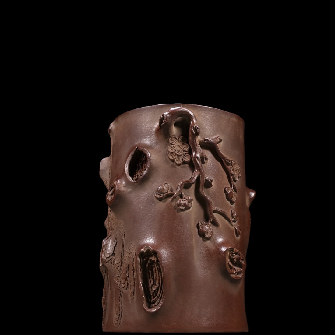 An Exquisite Purple Sands Flower Pattern with poem Brush Pot: An Exquisite Purple Sands Flower Pattern with poem Brush Pot Chen ming yuan Size:6.2inx4.2in紫砂梅花纹树桩形笔筒 陈鸣远