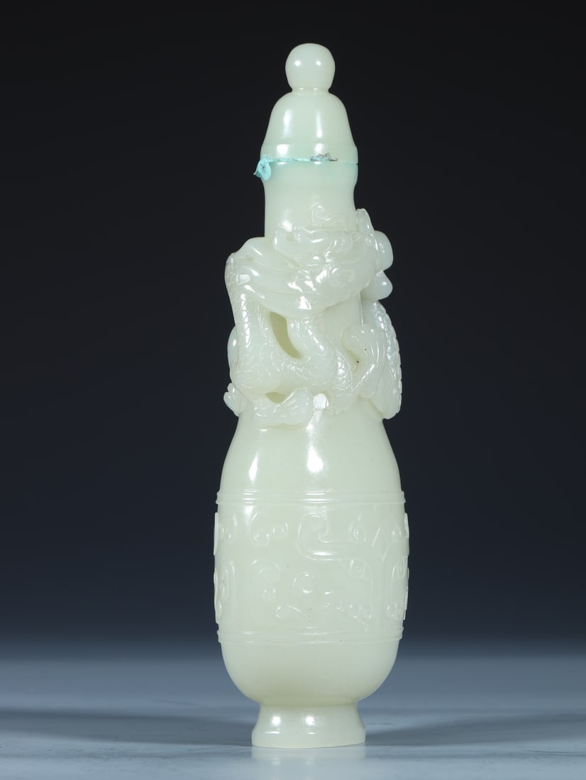 An Exquisite White Jade Beast-Face Pattern Dragon Pattern Vase - 4