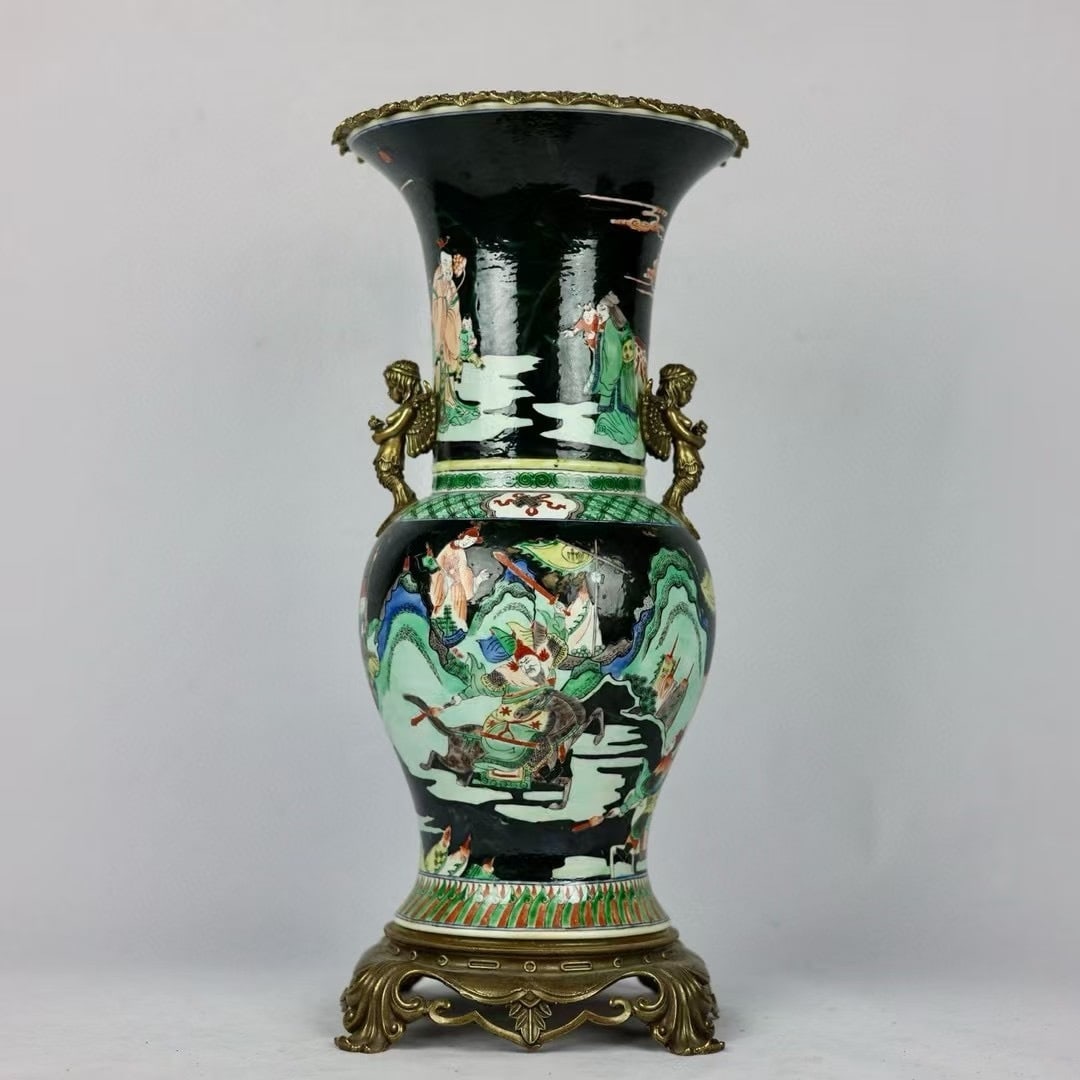 An Exquisite Biscuit Inlaid Bronze Character and Story Pattern Double-Ears Vase: An Exquisite Biscuit Inlaid Bronze Character and Story Pattern Double-Ears Vase Qing Dynasty, China Kangxi Six-character Mark