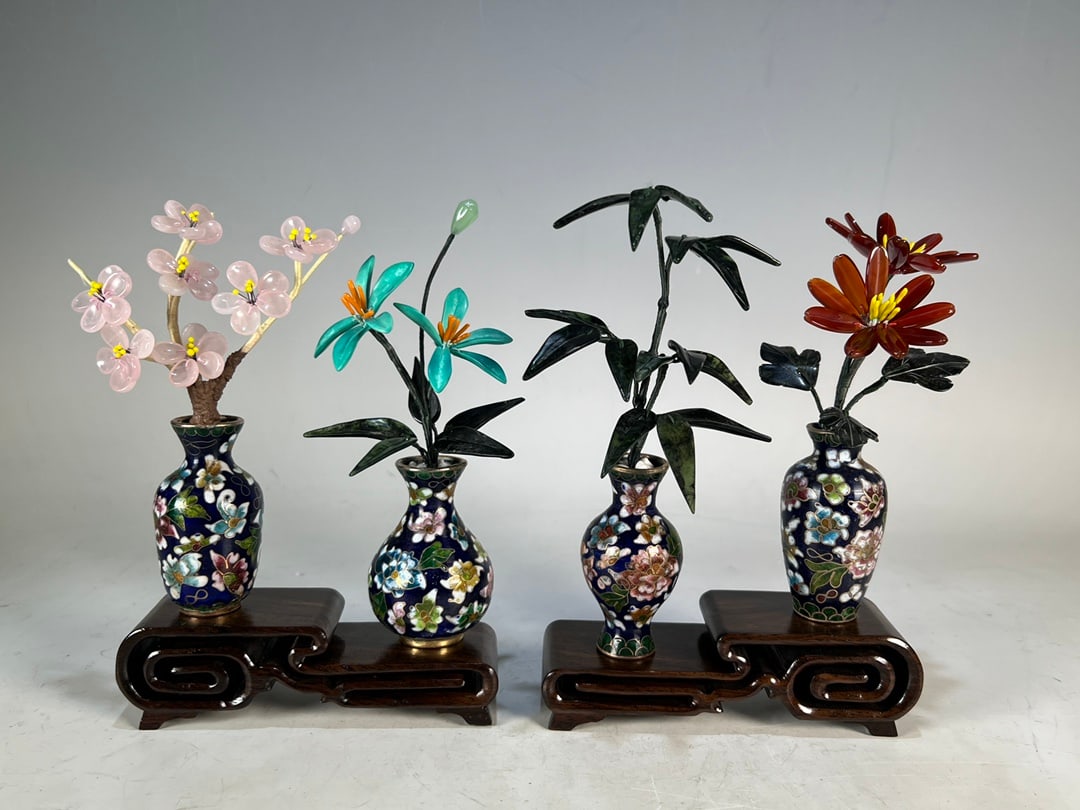 A Set of Fine Cloisonne Inlaid Serpentine Jade Flower Pattern Bonsai (1 of 9)