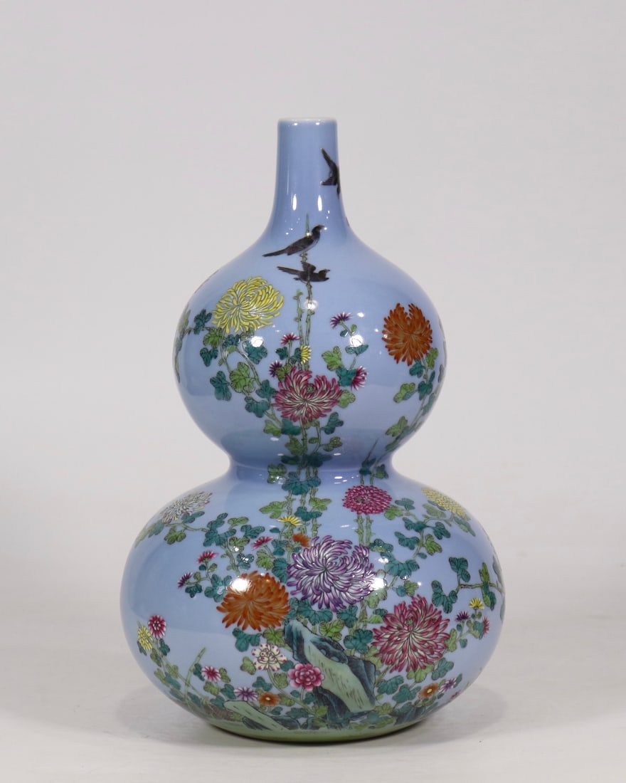 An Exquisite Famille-Rose Sky Blue Glazed Flower and Bird Pattern with poem Gourd-Shaped Vase: An Exquisite Famille-Rose Sky Blue Glazed Flower and Bird Pattern with poem Gourd-Shaped Vase Qing Dynasty, China Qianlong Six-character Mark