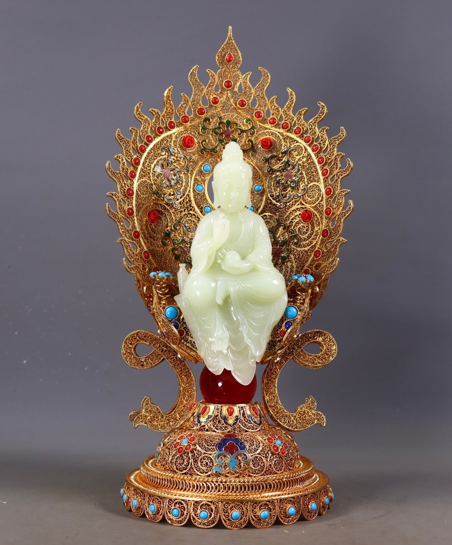 An Exquisite Gilt Bronze Inlaid White Jade Buddha Statue: An Exquisite Gilt Bronze Inlaid White Jade Buddha Statue Qing Dynasty, China Qianlong Four-character Mark Size:13inx6.3inx5.5in
