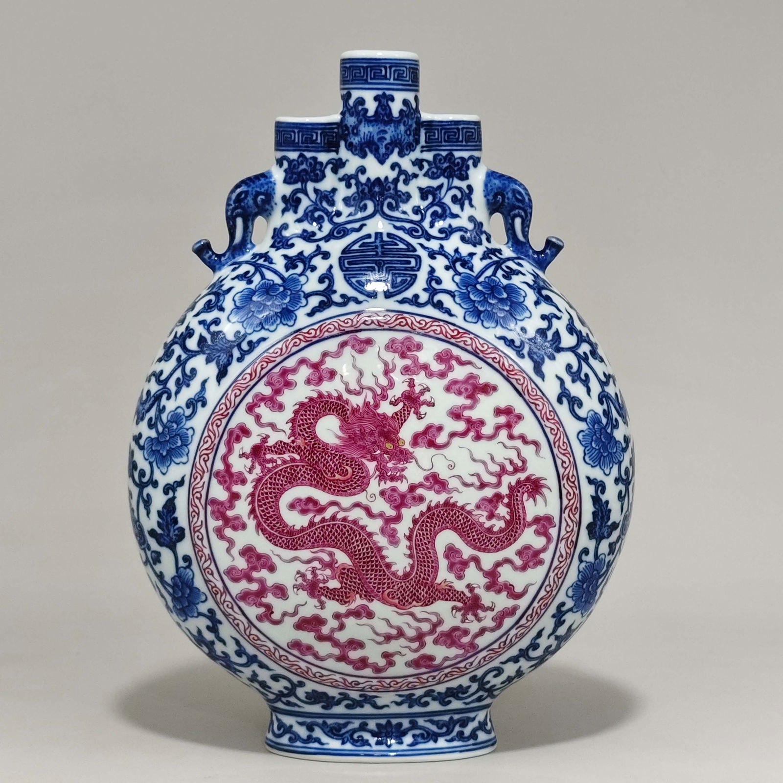 An Exquisite Blue and White Lotus Pattern Bats and Peach Pattern Dragon Pattern Double-Ears Vase: An Exquisite Blue and White Lotus Pattern Bats and Peach Pattern Dragon Pattern Double-Ears Vase Qing Dynasty, China Qianlong Six-character Mark