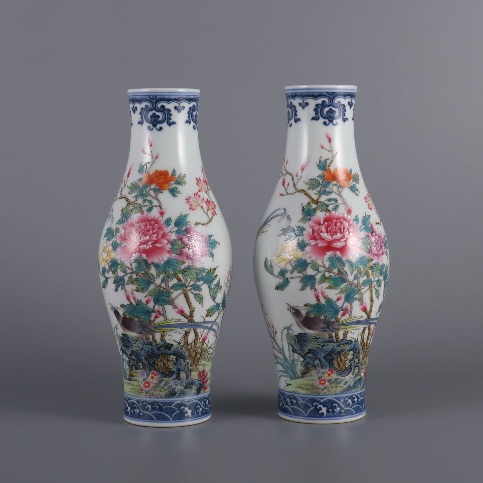 A Pair of Exquisite Famille-Rose Blue and White Flower and Bird Pattern Seawater Pattern with poem: A Pair of Exquisite Famille-Rose Blue and White Flower and Bird Pattern Seawater Pattern with poem Vase Qing Dynasty, China Qianlong Six-character Mark