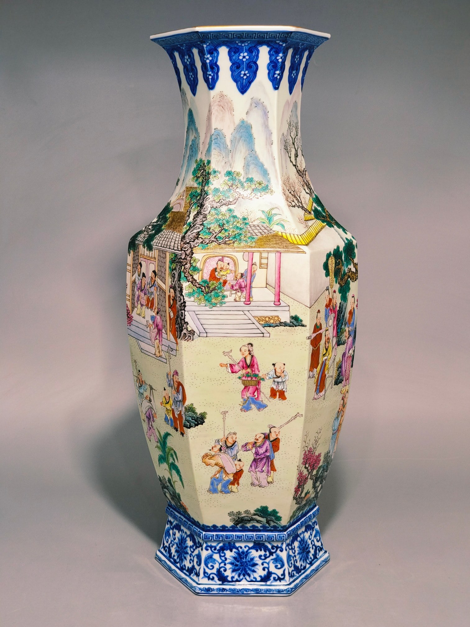 An Exquisite Famille-Rose Blue and White Character and Story Pattern Lotus Pattern Vase: An Exquisite Famille-Rose Blue and White Character and Story Pattern Lotus Pattern Vase Qing Dynasty, China Qianlong Six-character Mark