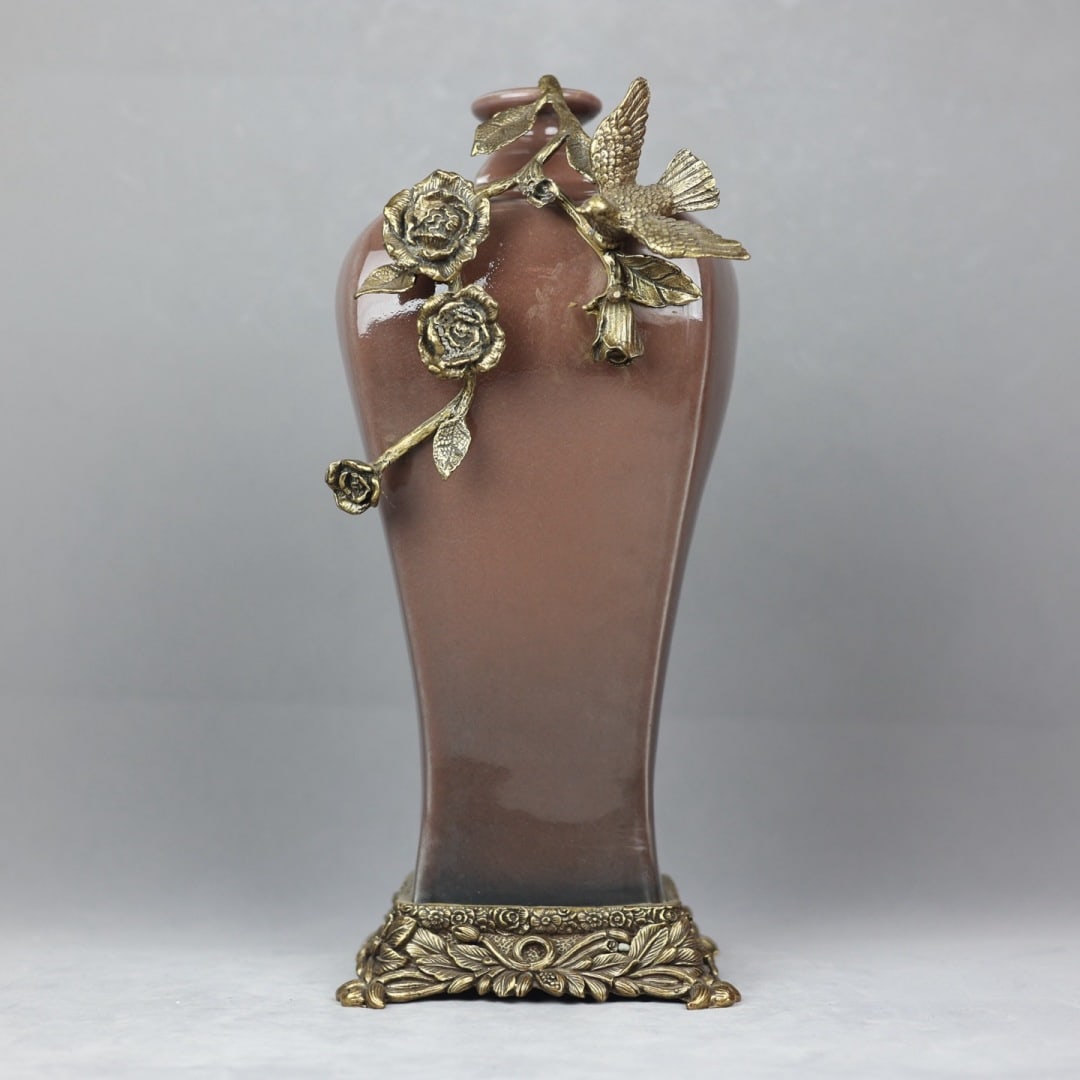 An Exquisite PeachBloom-Glazed Inlaid Bronze Flower and Bird Pattern Vase: An Exquisite PeachBloom-Glazed Inlaid Bronze Flower and Bird Pattern Vase Qing Dynasty, China Yongzheng Six-character Mark