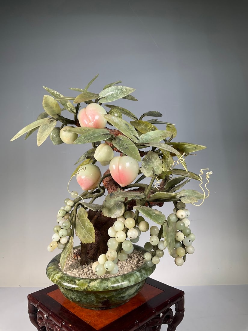 An Exquisite Serpentine Jade Melon and Fruit Pattern Bonsai (1 of 6)
