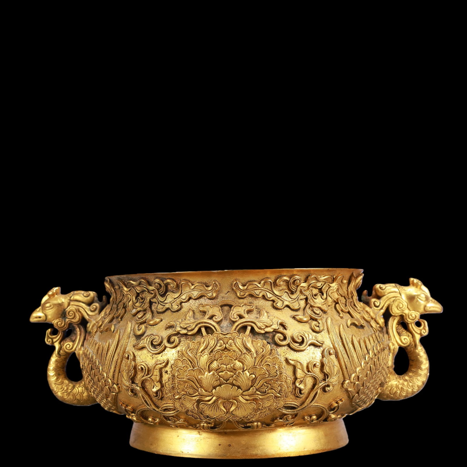 A Exquisite Gilt Bronze Lotus Pattern Double-Ears Censer: A Exquisite Gilt Bronze Lotus Pattern Double-Ears Censer Qing Dynasty, China Qianlong Four-character Mark Size:9.1inx6.3inx3.5in