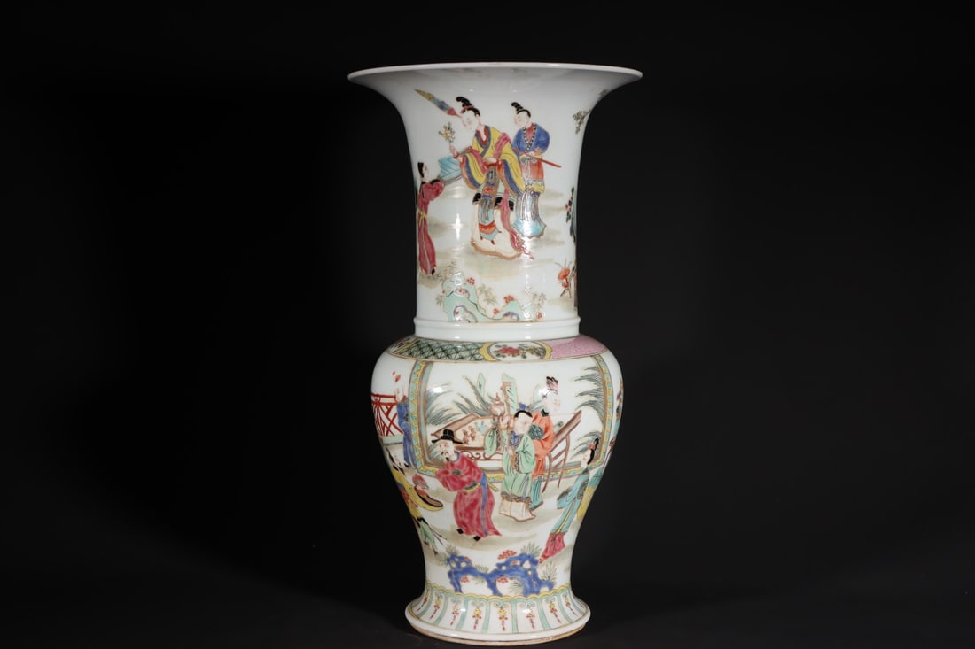 An Exquisite Famille-Rose Character and Story Pattern Vase: An Exquisite Famille-Rose Character and Story Pattern Vase Qing Dynasty, China Size:17.3inx9.1in粉彩人物花觚 中国清代 Size:44cmx23cm