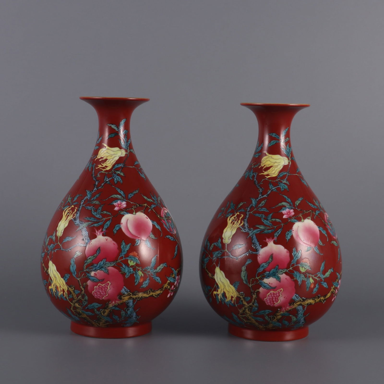 A Pair of Exquisite Famille-Rose Coral Red Glazed Flower and Fruit Pattern Vase (1 of 10)
