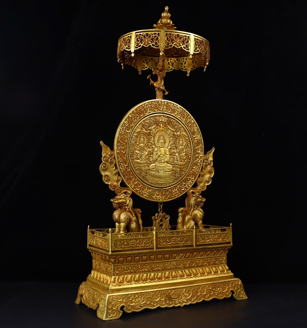 An Exquisite Gilt Bronze Buddha Statue Pattern Screen - 3