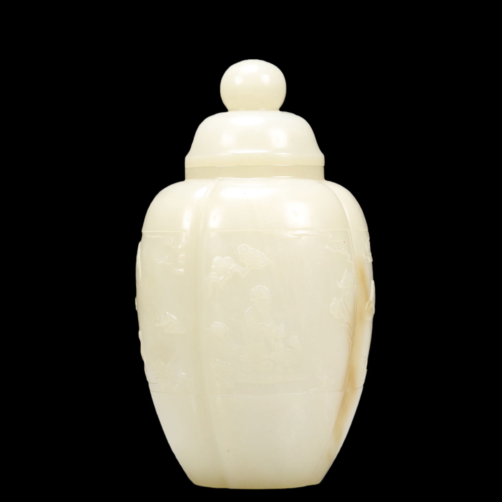 An Exquisite Green Jade Character and Story Pattern Jar (1 of 6)