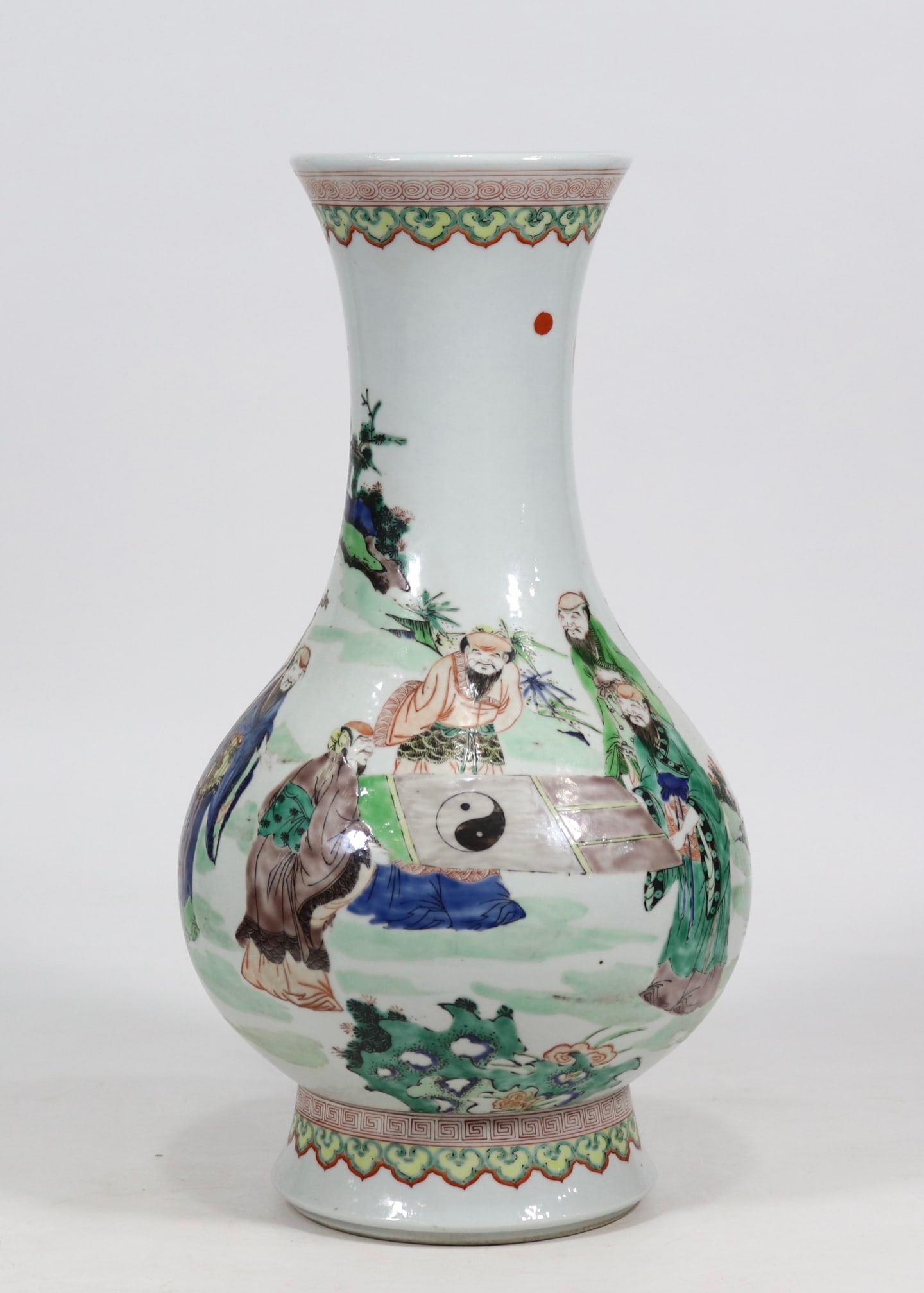 An Exquisite Wucai Character and Story Pattern Vase: An Exquisite Wucai Character and Story Pattern Vase Qing Dynasty, China Kangxi Six-character Mark Size:16.5inx8.5in五彩五老观图瓶 中国清