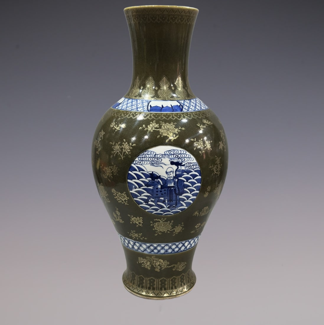 An Exquisite Teadust Glazed Blue and White Painted Gold Character and Story Pattern Vase: An Exquisite Teadust Glazed Blue and White Painted Gold Character and Story Pattern Vase Qing Dynasty, China Kangxi Six-character Mark