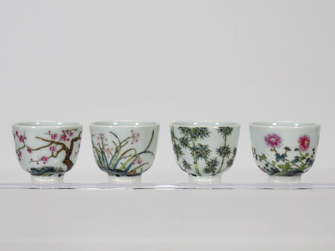 A Set of Fine Enamel Flower Pattern with poem Cup: A Set of Fine Enamel Flower Pattern with poem Cup Qing Dynasty, China Kangxi Six-character Mark Size:1.4inx1.7in珐琅彩梅兰竹菊一套 中国