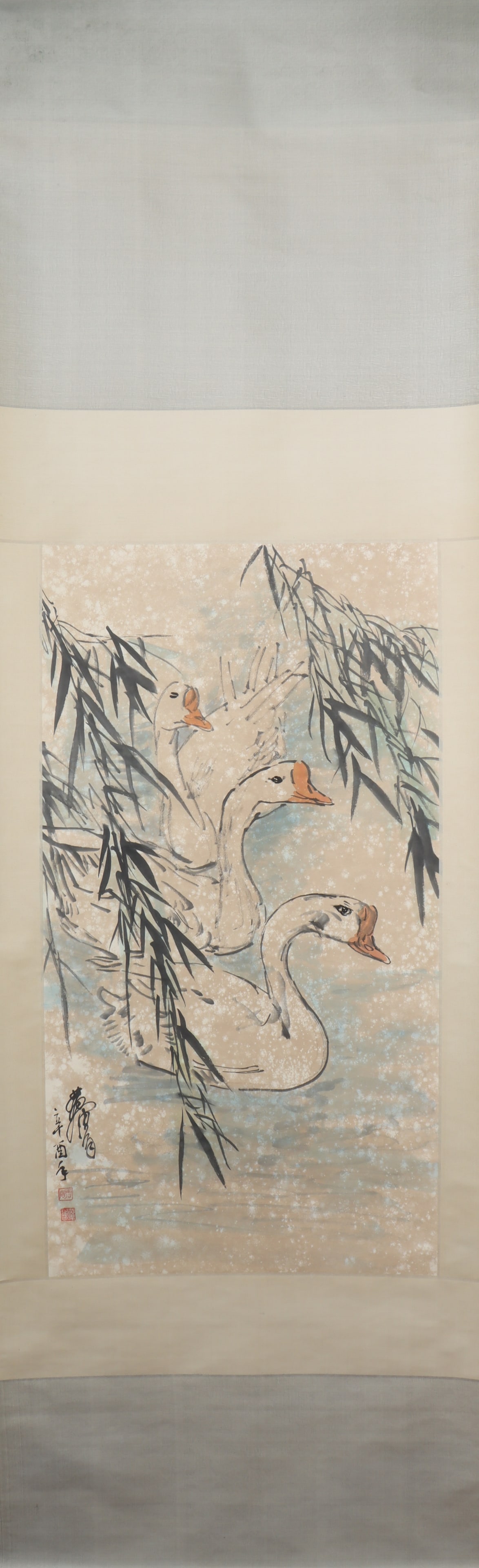 A Chinese Vertical Scroll Ink Painting of Goose on Paper: A Chinese Vertical Scroll Ink Painting of Goose on Paper Huang zhou Size:37.8inx20.5in黄胄鹅 纸本立轴Size:96cmx52cm