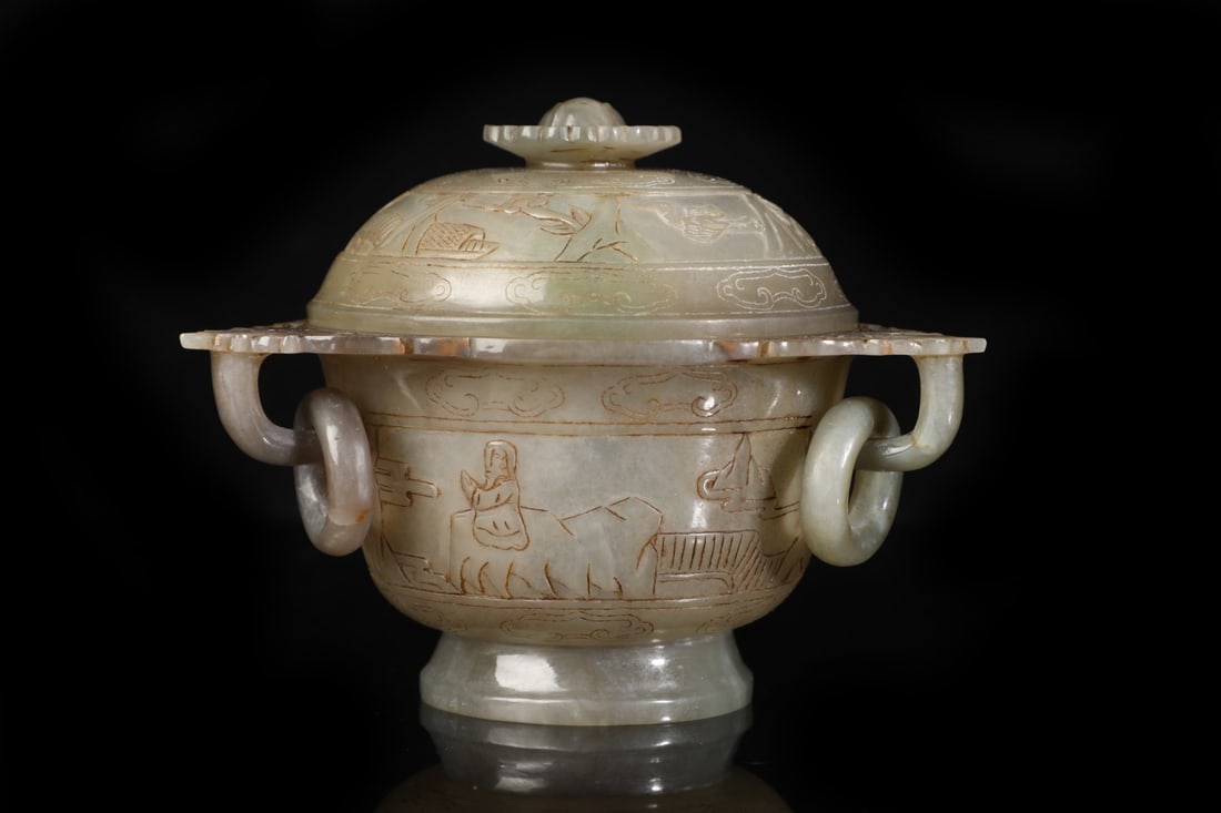 An Exquisite White Jade Character and Story Pattern Double-Ears Censer: An Exquisite White Jade Character and Story Pattern Double-Ears Censer Qing Dynasty, China Size:4.7inx5.7in Weight:397g白玉人物故事纹双耳香&
