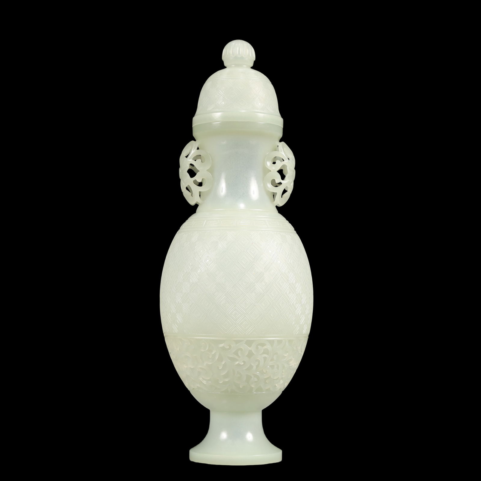 A Exquisite White Jade Lotus Pattern Double-Ears Vase: A Exquisite White Jade Lotus Pattern Double-Ears Vase Qing Dynasty, China Size:3.1inx8.7in Weight:150g白玉缠枝莲纹双耳瓶