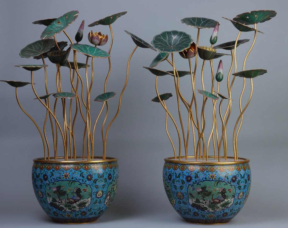 A Pair of Exquisite Cloisonne Lotus Pattern Flower and Bird Pattern Bonsai: A Pair of Exquisite Cloisonne Lotus Pattern Flower and Bird Pattern Bonsai Qing Dynasty, China Qianlong Four-character Mark Size:29.9inx17.7in