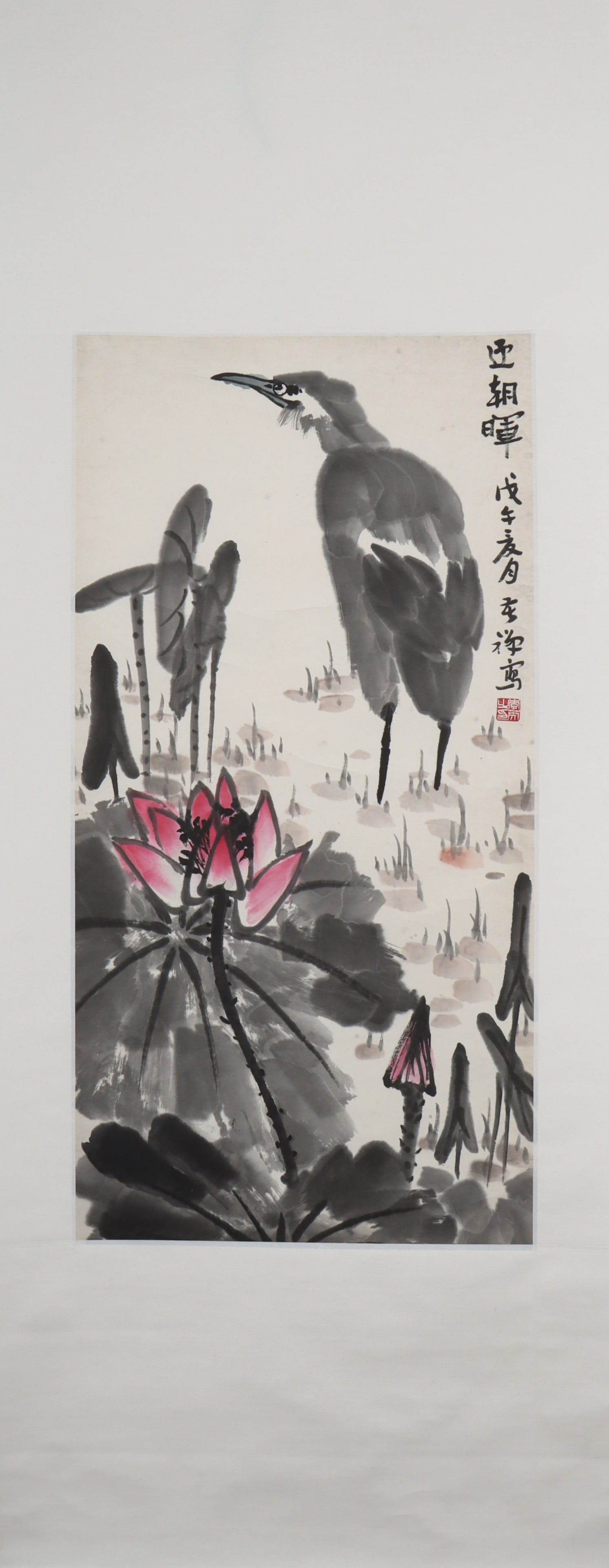 A Chinese Vertical Scroll Ink Painting of Flower and Bird on Paper: A Chinese Vertical Scroll Ink Painting of Flower and Bird on Paper Li kuchan Size:36.2inx18.5in李苦禅花鸟 纸本立轴Size:92cmx47cm