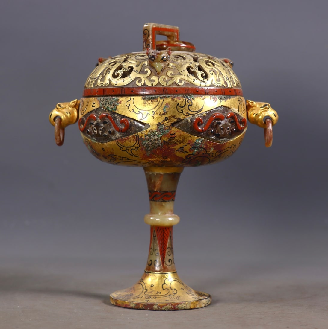 An Exquisite Gilt Bronze Inlaid White Jade Painted Color Double-Ears Censer (1 of 9)