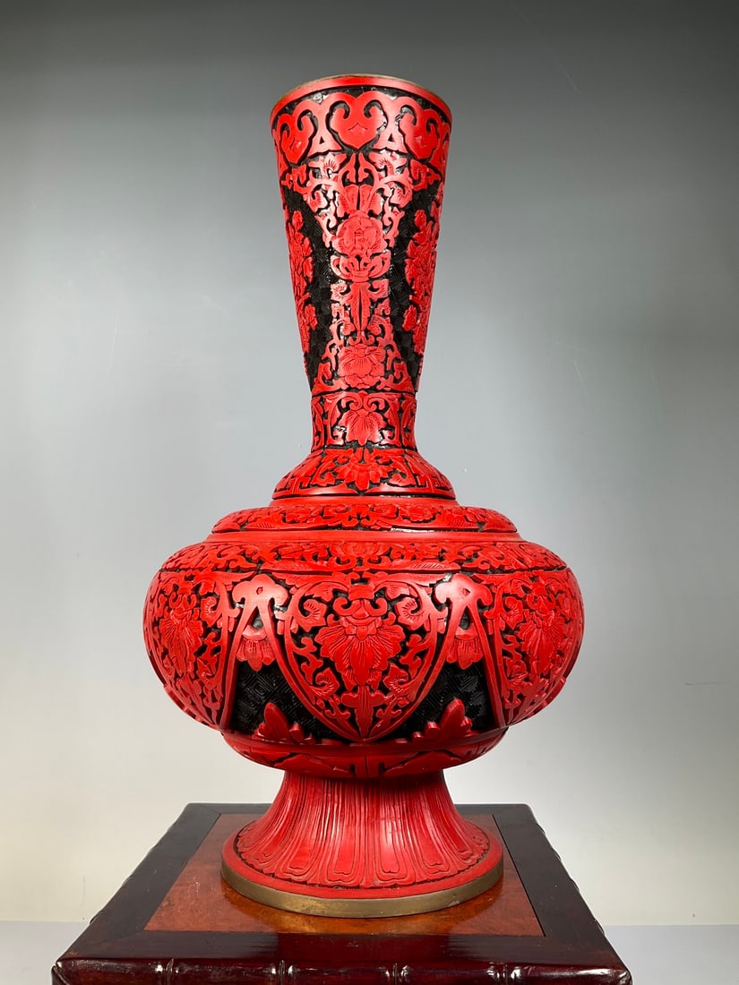 An Exquisite Bronze Carved Red Lacquer Flower Pattern Vase (1 of 6)