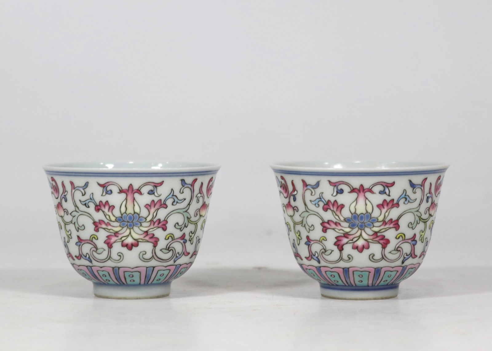A Pair of Exquisite Famille-Rose Lotus Pattern Bats and Peach Pattern Cup: A Pair of Exquisite Famille-Rose Lotus Pattern Bats and Peach Pattern Cup Qing Dynasty, China Yongzheng Six-character Mark